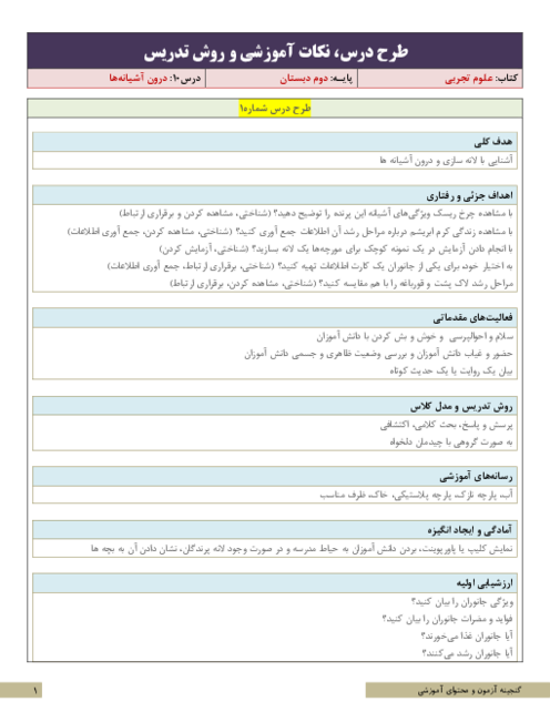 طرح درس و سناریوی تدریس علوم تجربی کلاس دوم ابتدائی | درس 10: درون آشیانه‌ها