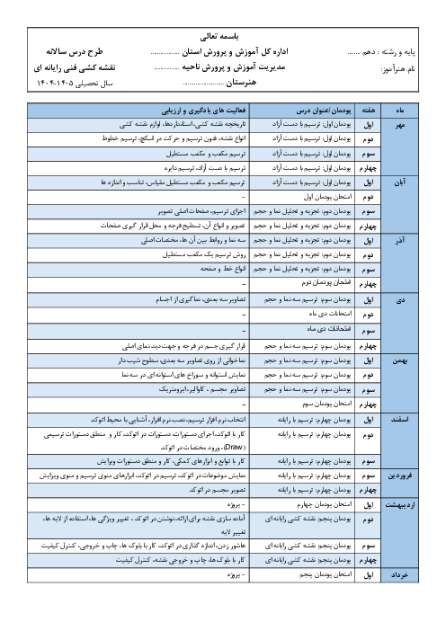 طرح درس سالانه نقشه کشی فنی رایانه ای پایه دهم