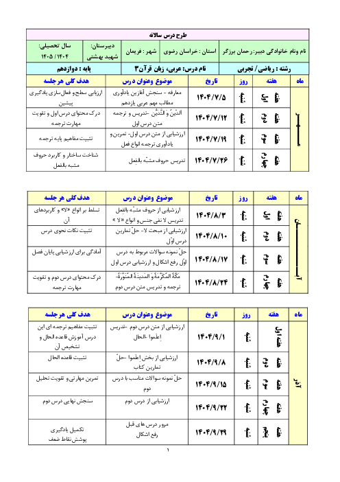 طرح درس سالانه عربی پایه دوازدهم مشترک سال تحصیلی 1405-1404