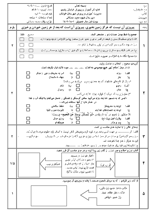 نمونه سؤال آزمون نوبت اول پیام های آسمان هشتم دبیرستان مشکانی | دیماه 1402