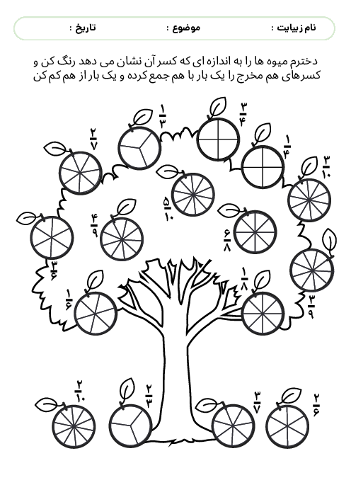 کاربرگ جمع و تفریق کسرهای هم مخرج