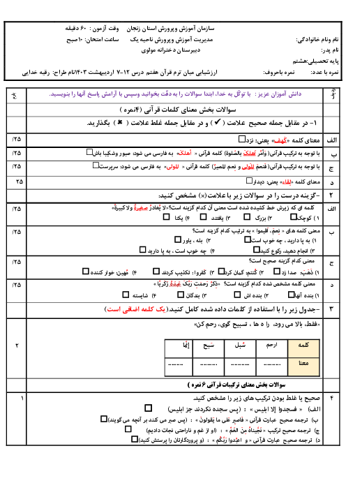 سوالات ارزشیابی میان ترم قرآن هفتم درس 7 تا 12