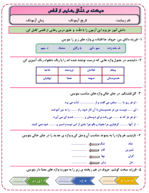 آزمونک دیکته‌ی فارسی چهارم دبستان  درس 5: رهایی از قفس