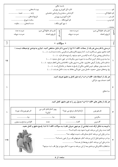 آزمون نوبت اول زیست شناسی دهم دی ماه 1404 دبیرستان فاطمیه