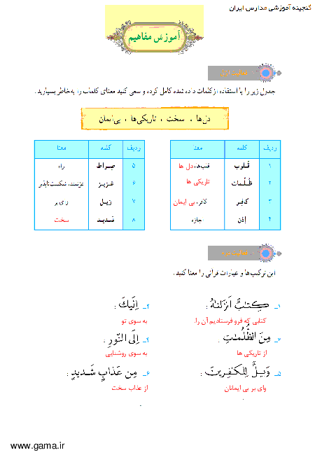 پاسخ فعالیت و انس با قرآن در خانه آموزش قرآن هفتم| جلسه دوم درس 4: سوره ابراهیم