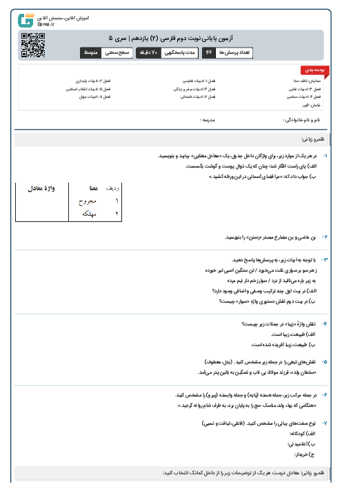 آزمون پایانی نوبت دوم فارسی (2) یازدهم | سری 5