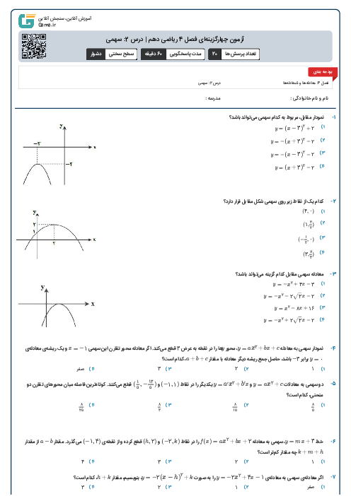 آزمون چهارگزینه‌ای فصل 4 ریاضی دهم | درس 2: سهمی