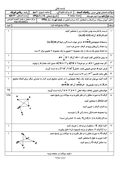 سؤالات امتحان نهایی درس ریاضیات گسسته دوازدهم رشته ریاضی | نوبت دی 98