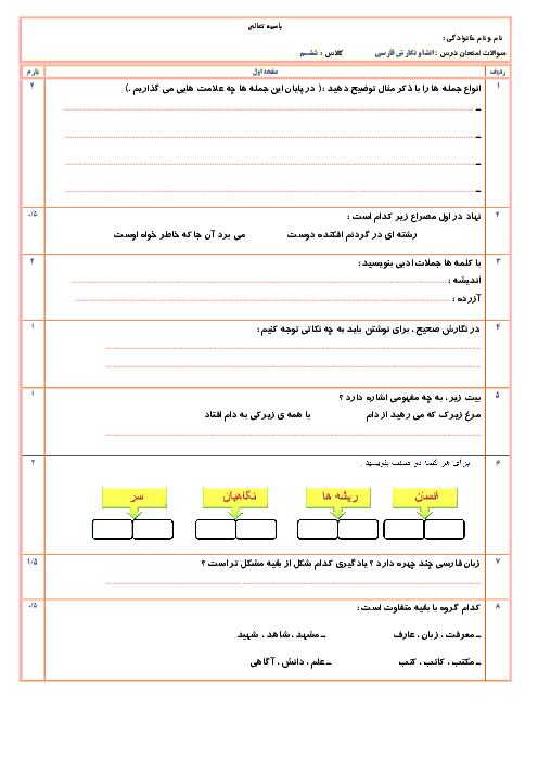 نمونه سوال امتحان پیش نوبت دوم انشا و نگارش ششم دبستان