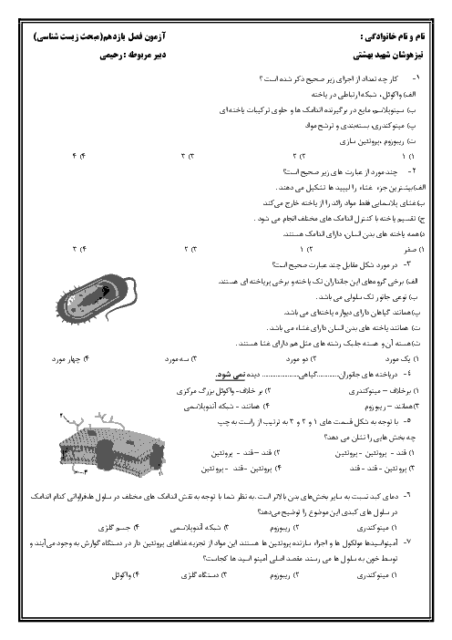 آزمون تستی تیزهوشان علوم تجربی هفتم دبیرستان خیبر رحمت آباد | فصل 11: یاخته و سازمان بندی آن