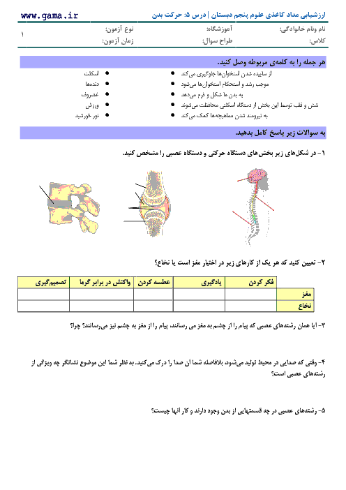 ارزشیابی مداد کاغذی علوم پنجم دبستان | درس 5: حرکت بدن