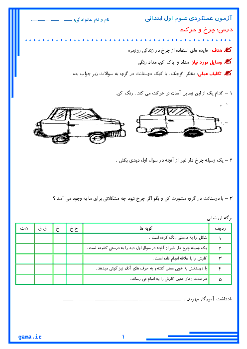  آزمون عملکردی چرخ و حرکت علوم تجربی اول دبستان | فصل 12: از خانه تا مدرسه