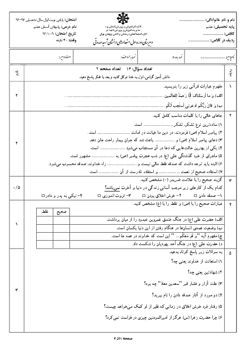 مجموعه سؤالات امتحانات نوبت اول پایه هفتم دبیرستان شهید صدوقی یزد | دی ماه 96