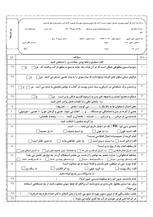 امتحان نوبت اول علوم تجربی هشتم دی ماه 93 | دبیرستان ابوریحان بیرونی شهرستان فردوس