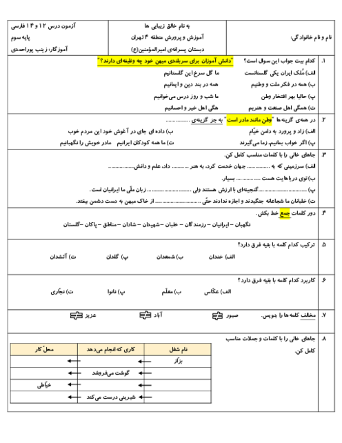 آزمون درس 12 و 14 فارسی و نگارش سوم؛ ایران عزیز و ایران آباد