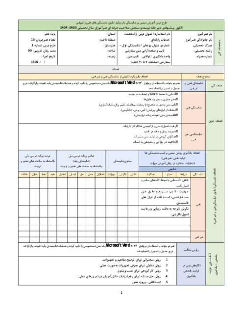 طرح درس روزانه مبتنی بر شایستگی واحد یادگیری: تایپ متن سفارشی (صفحات 2 تا 40) | کتاب درسی ارائه دهنده خدمات رایانه‌ای