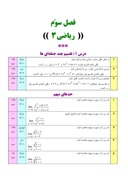 سئوالات موضوعی نهایی فصل سوم ریاضی3 رشته‌ی علوم تجربی