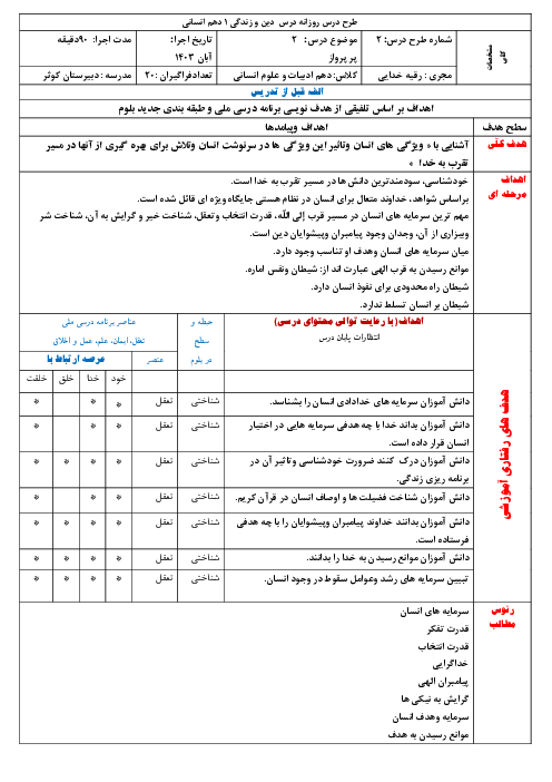 طرح درس روزانه درس 2: پر پرواز | دین زندگی 1 دهم  انسانی