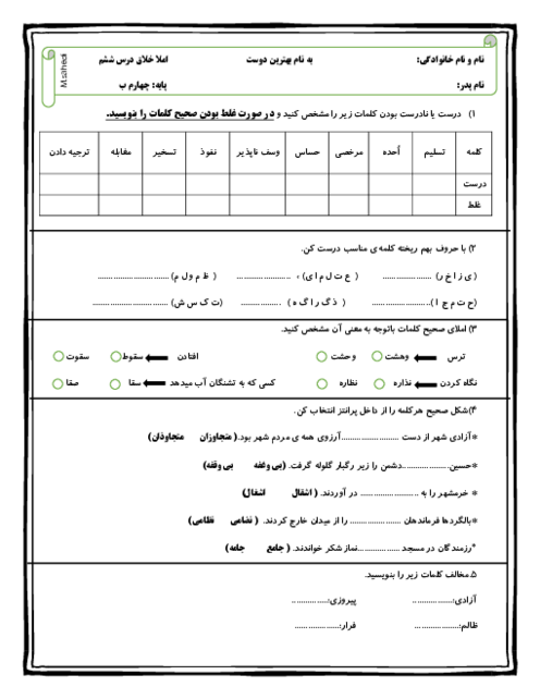 املای خلاق درس فرمانده دلها فارسی پایه‌ی چهارم
