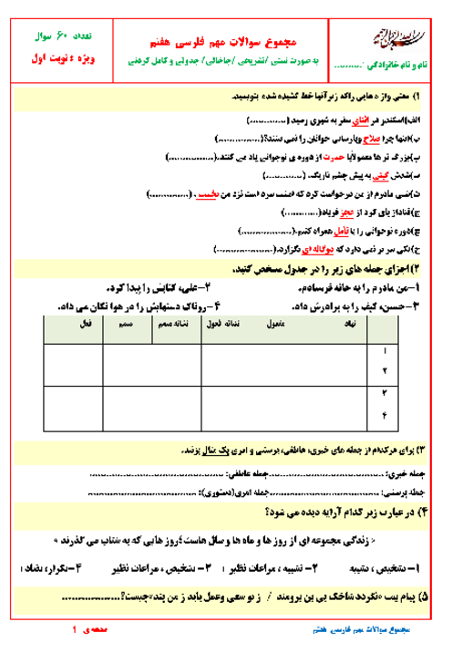 نمونه سوالات مهم امتحانی نوبت اول فارسی هفتم | تا پایان درس 9