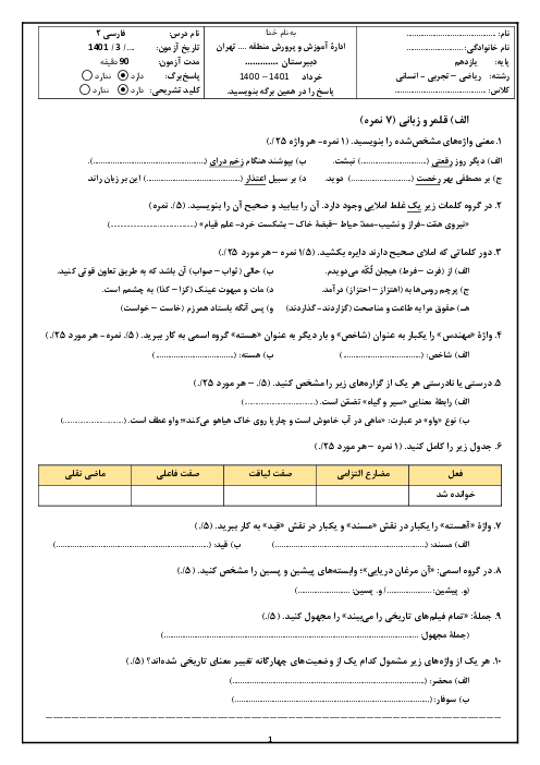 امتحان ترم دوم فارسی (2) یازدهم دبیرستان فاتح | خرداد 1401