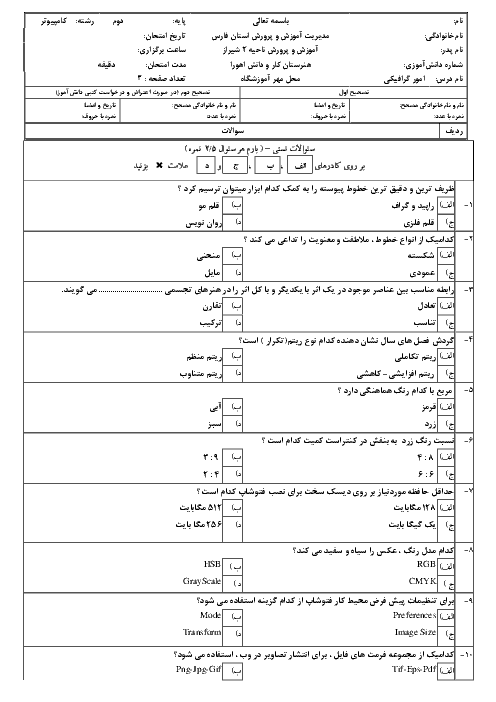 آزمون تئوری نوبت دوم طراحی امور گرافیکی با رایانه دهم هنرستان اهورا | اردیبهشت 1398 + پاسخ