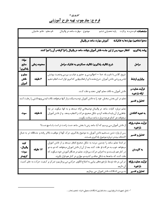 طرح درس فرم جیم تربیت بدنی | آموزش ساعد در والیبال