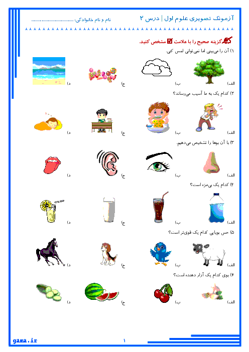 آزمونک تستی تصویری علوم تجربی اول دبستان | فصل 2: سلام به من نگاه کن