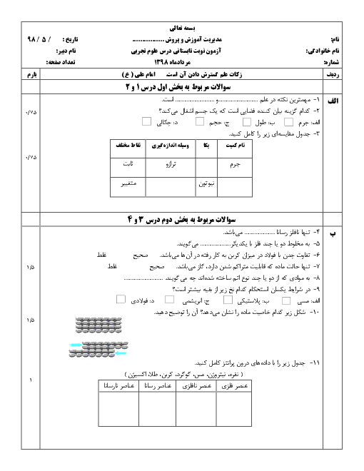 آزمون نوبت تابستانی علوم تجربی هفتم مدرسه جابر بن حیان | مرداد 1398