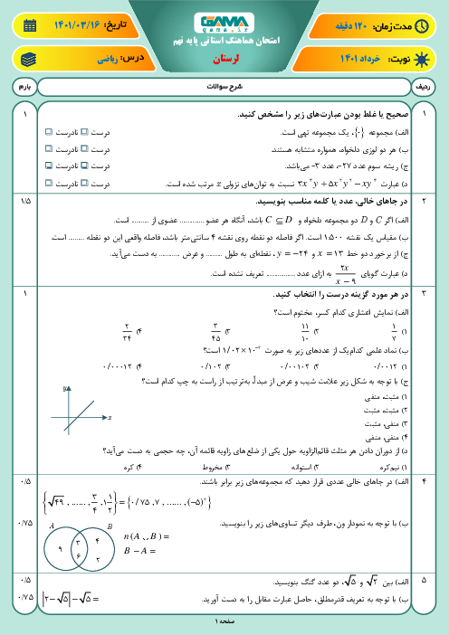 سوالات آزمون نوبت دوم ریاضی نهم هماهنگ استان لرستان | خرداد 1401