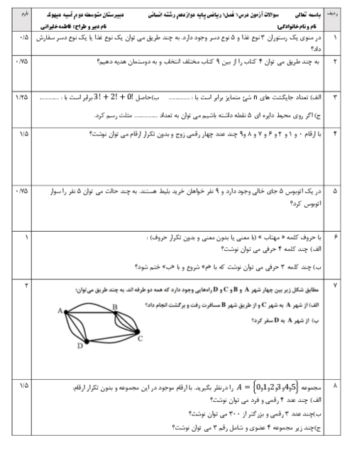 آزمون درس 1 فصل 1 ریاضی دوازدهم انسانی دبیرستان آسیه