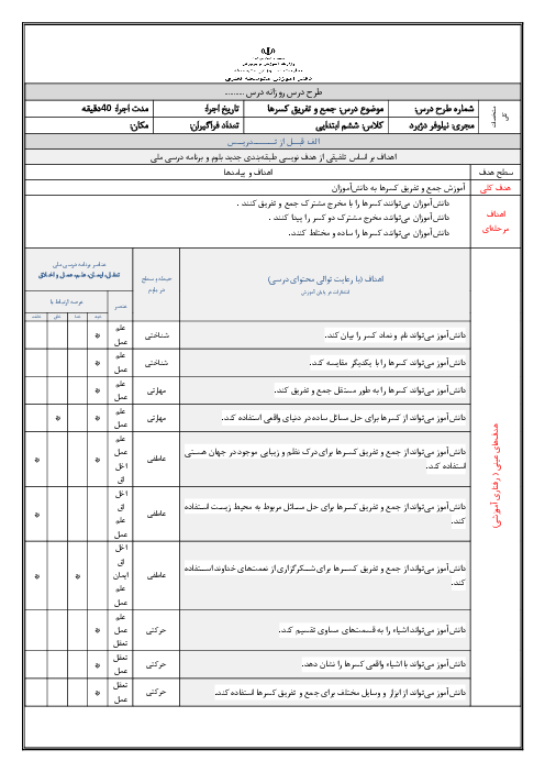 طرح درس جمع و تفریق کسرها | ریاضی ششم