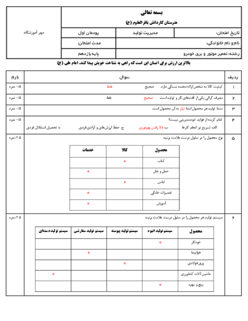 نمونه سوال پودمان اول درس مدیریت تولید