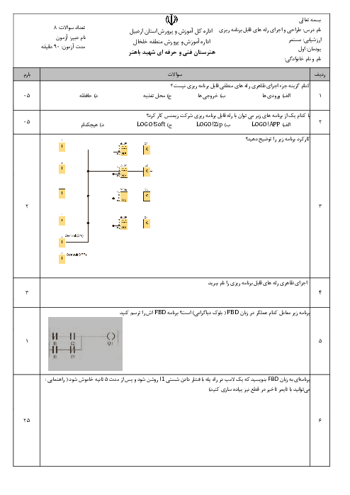 امتحان پودمان اول طراحی و اجرای رله‌های قابل برنامه ریزی دوازدهم هنرستان | پودمان 1: توابع ساده رله قابل برنامه ریزی