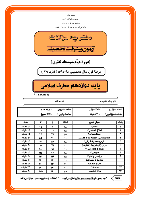 سوالات و پاسخ کلیدی آزمون پیشرفت تحصیلی پایه دوازدهم رشته معارف استان خراسان رضوی | مرحله اول (آذر 97)