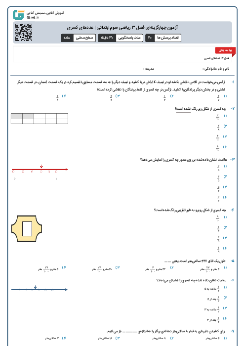آزمون چهارگزینه‌ای فصل 3 ریاضی سوم ابتدائی | عددهای کسری