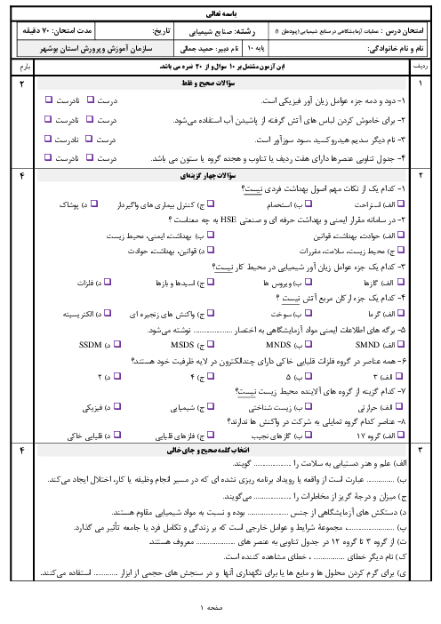 سوالات امتحان عملیات آزمایشگاهی در صنایع شیمیایی دهم هنرستان | پودمان 1: به کارگیری مواد و وسائل آزمایشگاهی