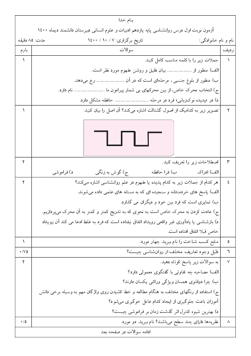 سوالات آزمون نوبت اول درس روانشناسی پایه یازدهم ادبیات و علوم انسانی دبیرستان دانشمند | دی 1400