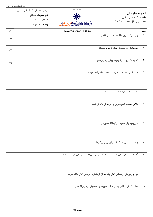 امتحان جغرافیا (1) دوم انسانی خرداد 1392 | دبیرستان شهید صدوقی یزد