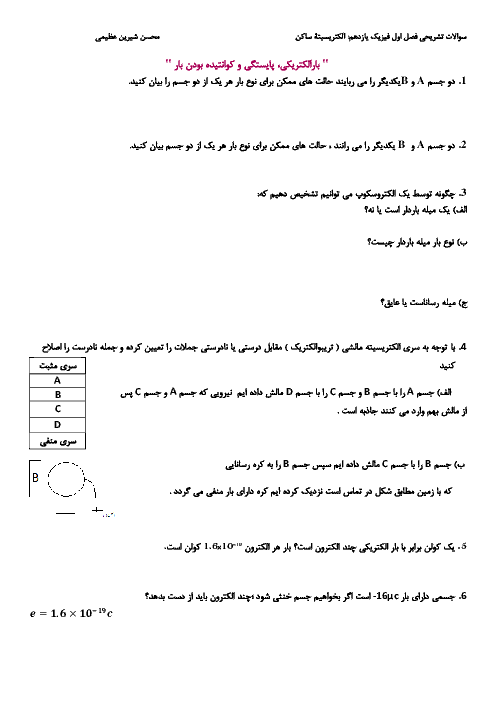 مجموعه تمرین های فیزیک (2) یازدهم رشته تجربی | فصل 1: الکتریسیتۀ ساکن