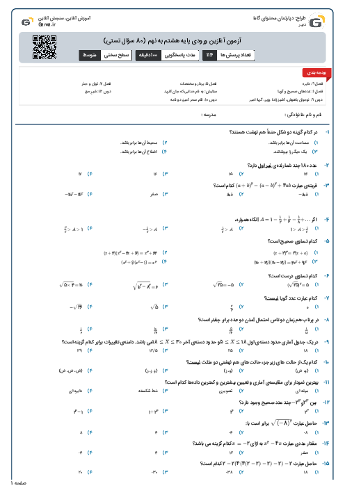 آزمون آغازین ورودی پایه هشتم به نهم (80 سؤال تستی)