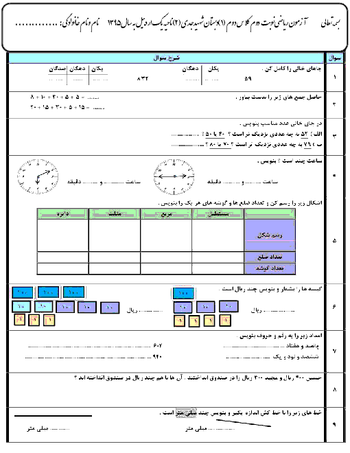  آزمون نوبت دوم ریاضی دوم دبستان شهید غفور جدی اردبیل - اردیبهشت 95