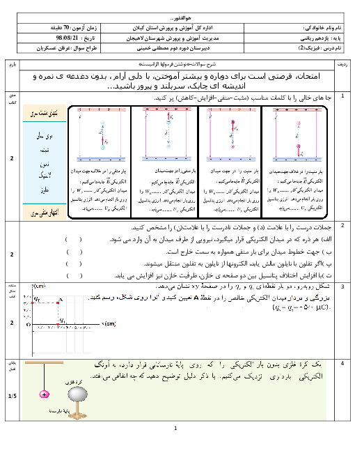 آزمون کلاسی فیزیک (2) یازدهم دبیرستان شهید مصطفی خمینی | فصل 1: الکتریسیتۀ ساکن