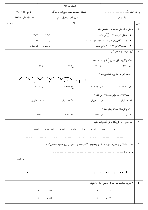 آزمون ریاضی پنجم دبستان مهدی رباط سنگ | فصل 5: عددهای اعشاری