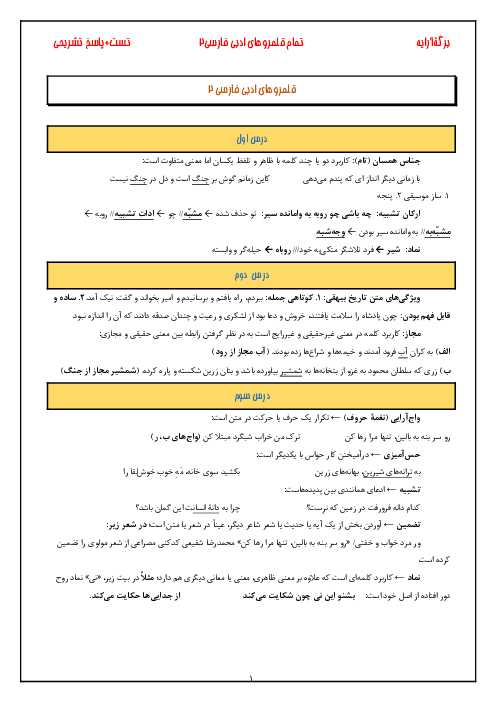 درسنامه آموزشی آرایه های ادبی فارسی (2) یازدهم | درس 1 تا 18 همراه با تست