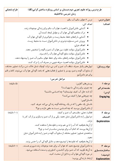  طرح درس روزانه علوم پایه دوم دبستان بر اساس الگوی تدریس 5E ساختگرایی | درس 2: هوای سالم، آب سالم