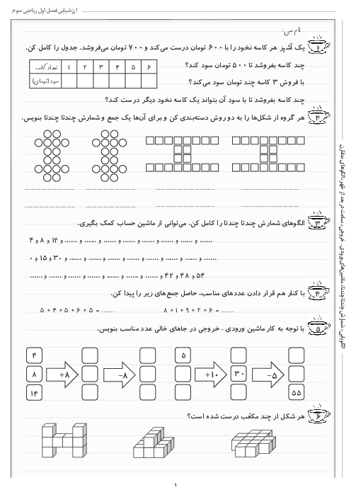 آزمونک فصل 1: الگوها | ریاضی سوم دبستان شهید کاظمی