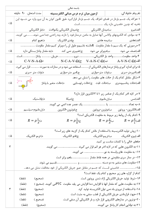 سوالات امتحان میانترم درس مبانی الکتریسته