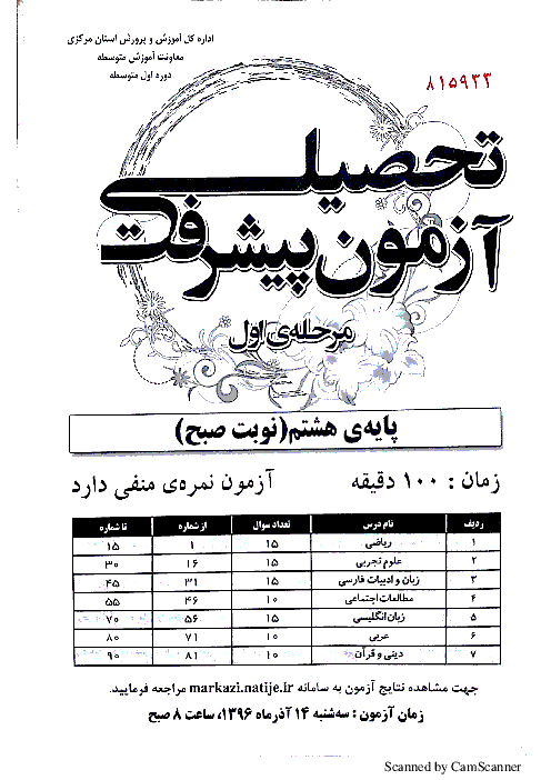 سوالات آزمون پیشرفت تحصیلی دانش آموزان پایه هشتم استان مرکزی | مرحله اول آذر 96 (نوبت صبح)