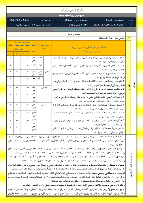 طرح درس روزانه درس 13 علوم چهارم | زیستگاه 